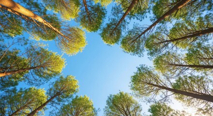 Worms eye view looking up through tall pine tree canopy towards a bright clear blue sky, creating a natural frame of green foliage against the atmosphere