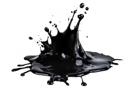 A dynamic splash of black liquid creating a captivating visual effect against a stark white background. suitable for artistic projects or design use
