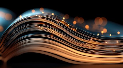 Abstract flowing lines with glowing particles and bokeh effect on black background. The image features luminous, curved strands in shades of blue and orange, wi