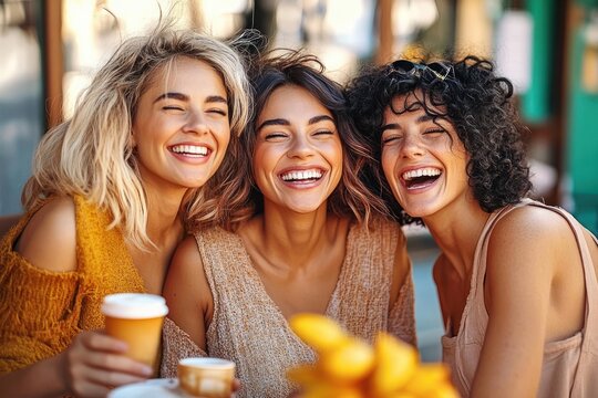 Three young women sitting closely together outdoors smiling and laughing happily with coffee cups in hand on a sunny day