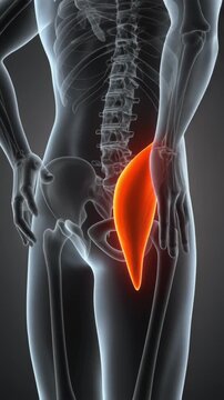 Human skeleton anatomy with highlighted hip flexor muscle