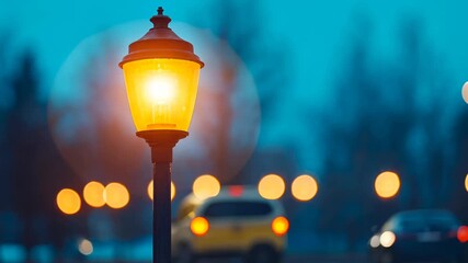 Street lanterns illuminate slowly against a blurred urban evening with passing car lights