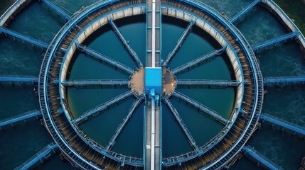 Obraz premium Aerial view of a circular water treatment facility with multiple radial walkways and clear water pools beneath a blue structure, showcasing industrial design and functionality