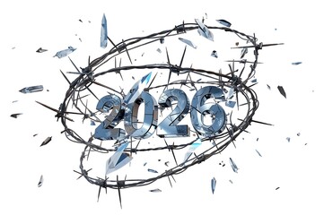 Barbed wire encircling the year 2023 with abstract watercolor splashes