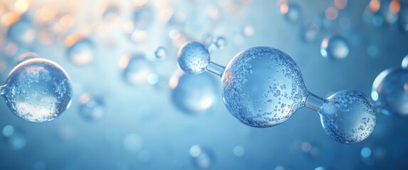 Blue translucent water molecules with small bubbles inside, floating in a soft glowing background evoking cleanliness and scientific atmosphere