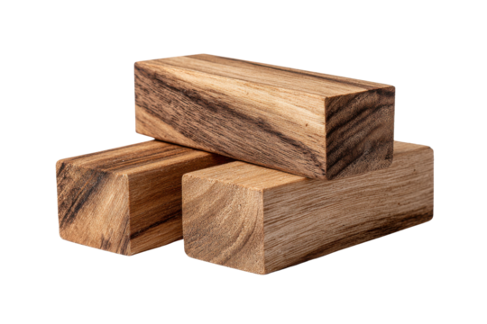 Three stacked wooden blocks with natural grain patterns on black timber material, Isolated On Transparent Background, Png