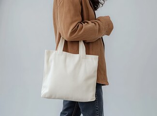 person wearing a brown corduroy jacket and blue jeans carrying a plain white canvas tote bag over shoulder against a light gray background