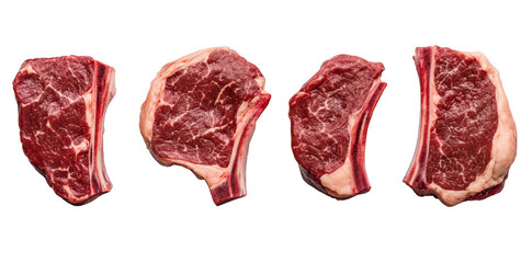 A collection of four perfectly marbled beef steaks arranged on a clean white background. their rich red color and distinct fat lines. ideal for culinary presentations or cooking tutorials
