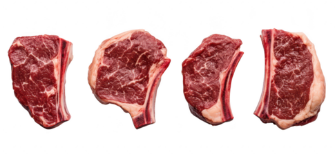 A collection of four perfectly marbled beef steaks arranged on a clean white background. their rich red color and distinct fat lines. ideal for culinary presentations or cooking tutorials