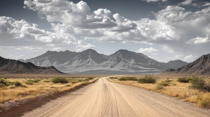 Dirt road stretching toward distant rugged mountains under a dramatic cloudy sky in a dry, sparse desert landscape