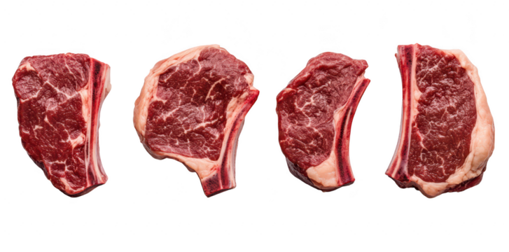 A collection of four perfectly marbled beef steaks arranged on a clean white background. their rich red color and distinct fat lines. ideal for culinary presentations or cooking tutorials - Powered by Adobe