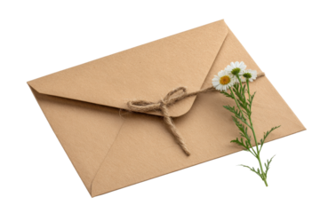 Kraft paper envelope tied with twine and adorned with white daisies brown, Isolated On Transparent Background, Png