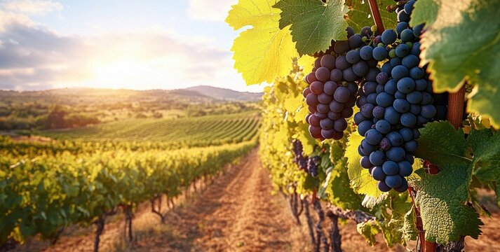Close-up of ripe dark grapes hanging on vines in a vineyard with rows of grapevines stretching into the distance under a warm sunset sky