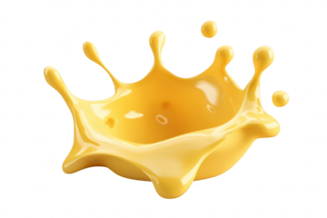 A splash of yellow liquid creating dynamic droplets against a white background. capturing the essence of motion and fluidity. ideal for creative projects or advertising