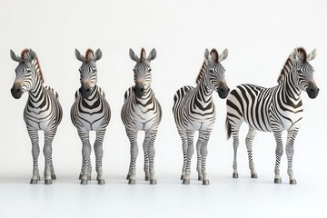 Obraz premium Five zebras standing in a row facing forward against a white background showing their distinctive black and white stripes in a calm and orderly manner