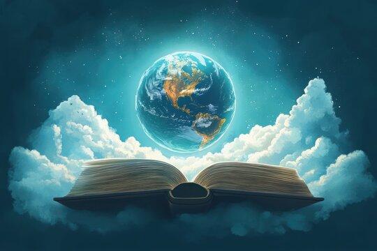 Open book floating among clouds with glowing Earth above, evoking wonder and the pursuit of knowledge about the world and universe