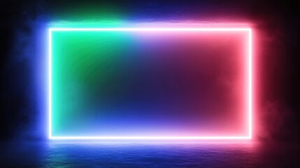 Glowing rectangular neon frame with blue, green, and red light effects on a dark foggy background creating a futuristic atmosphere