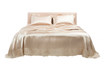 Luxurious silk bedding set elegantly arranged on a modern bed frame. highlighting the smooth texture and soft sheen. with a minimalist white background enhancing its sophistication