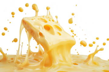 A splash of melted cheese cascading around a block of cheese. creating an appetizing scene ideal for food photography. cooking blogs. and culinary advertisements
