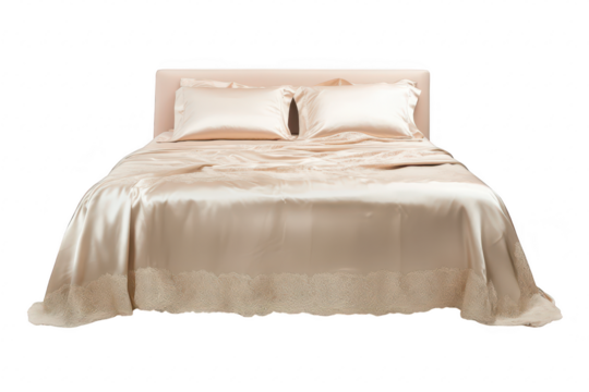 Luxurious silk bedding set elegantly arranged on a modern bed frame. highlighting the smooth texture and soft sheen. with a minimalist white background enhancing its sophistication - Powered by Adobe