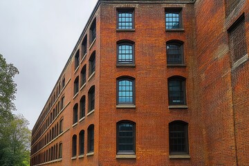 Fototapeta premium Long red brick building with multiple arched windows in a row under overcast sky beside green trees
