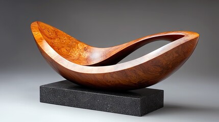 A polished, abstract wooden sculpture with swirling grain patterns, displayed on a dark granite base, illuminated by soft studio lighting.