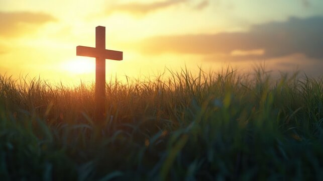 Wooden cross standing in tall grass at sunset with a warm, glowing sky and soft clouds conveying peaceful and reflective mood