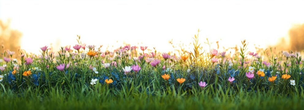 Colorful wildflowers blooming in a lush green meadow with soft golden sunlight in the background creating a peaceful and vibrant natural scene