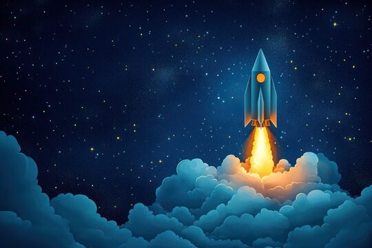 blue rocket ship launching upward through puffy clouds into a starry night sky with bright fiery engine glow