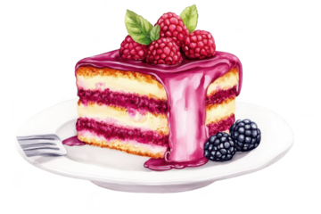A beautifully illustrated slice of layered raspberry cake on a white plate. topped with fresh raspberries and drizzled with berry sauce. set against a clean background. perfect for dessert menus or cu