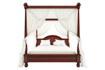 Elegant four-poster bed with flowing white curtains and plush pillows. set against a clean. minimalistic background. ideal for luxury bedroom designs or home decor inspirations