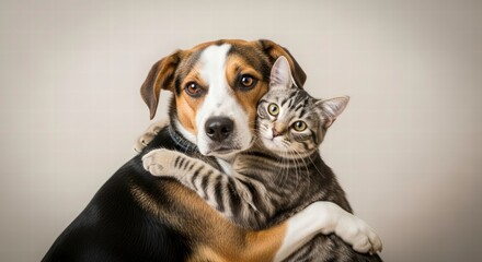 Furry Friends' Embrace: A heartwarming scene unfolds as a cat and dog share a tender moment, their bond of friendship clear in a close embrace. A testament to unity and affection.