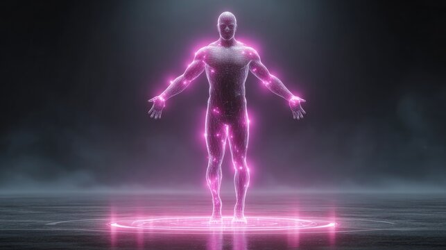 Neon body scanner glowing with full-body scan outline and digital markers, stylized health tech illustration in neon for diagnostics or fitness visuals - Powered by Adobe