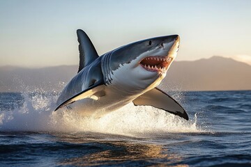 Fototapeta premium Great white shark leaping out of the ocean water with mouth open showing sharp teeth during golden hour near a coastline
