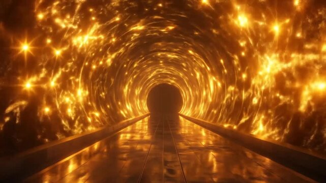Journey through a radiant golden tunnel, shimmering with celestial light and a mystical pathway.