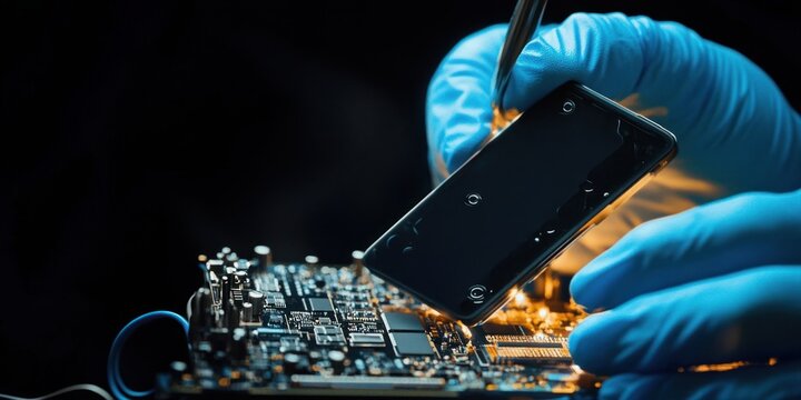 Close-up of gloved hands repairing or assembling a small electronic device with a circuit board in a dimly lit environment - Powered by Adobe