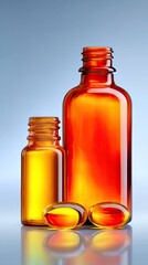 Two amber glass bottles, one small and one large, stand next to two oval-shaped gel capsules filled with golden liquid. The scene is illuminated by warm, soft l