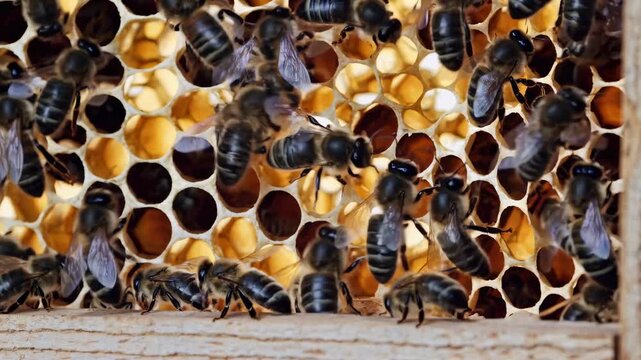 Close-up video shot of bees working on a honeycomb. The top-down angle captures the intricate patterns and busy activity in a natural setting.
