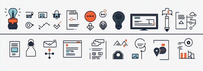 Collection of modern minimalistic business, technology, and data icons with linear and flat design in black and orange accents