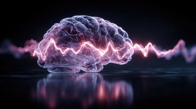 Neon brain waves glowing with electric waveform patterns, stylized neural activity concept in neon for psychology, neurology, and medical use