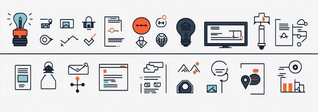 Collection of modern minimalistic business, technology, and data icons with linear and flat design in black and orange accents