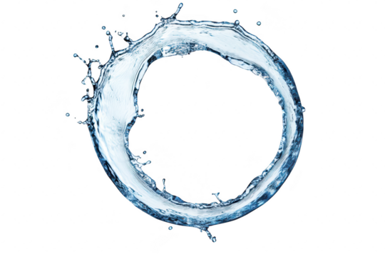 A dynamic splash of water forming a circular shape against a white background. illustrating fluid motion and clarity. ideal for concepts related to purity. nature. or water conservation