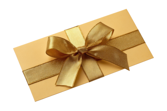Golden gift card with satin ribbon bow on black background yellow, Isolated On Transparent Background, Png