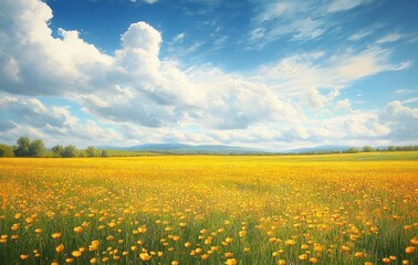 Obraz premium Vast golden flower field under a bright blue sky with scattered white clouds evoking calm and peaceful nature scene