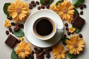 Top view of a white cup filled with black coffee on a white saucer surrounded by orange flowers, green leaves, coffee beans, and pieces of dark chocolate on a light surface