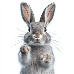 Close-up of a cute gray rabbit with large ears and expressive eyes standing on hind legs against a white background
