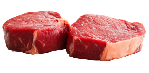 Two fresh cuts of red beef steak are displayed prominently on a clean white background. their marbling and texture. ideal for culinary visuals or meat marketing