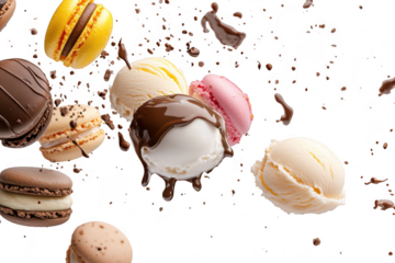 A display of colorful macarons and scoops of ice cream splashing against a white background. a playful dessert scene perfect for culinary promotions and food-related content