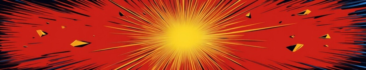 Obraz premium Bright yellow explosion emanating from the center with dynamic black and red streaks and floating debris, conveying intense energy and motion