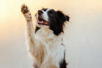 Fototapeta premium happy black and white dog raising one paw in greeting against a soft, light background